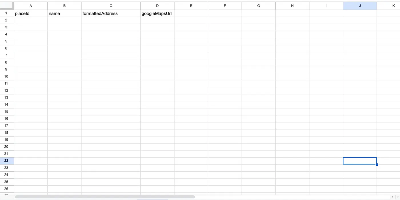 Sample sheet of where data from Google Maps will land