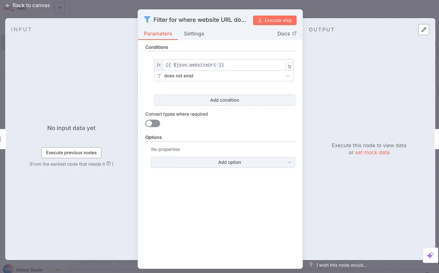 Use the Filter node to filter out businesses that have no website