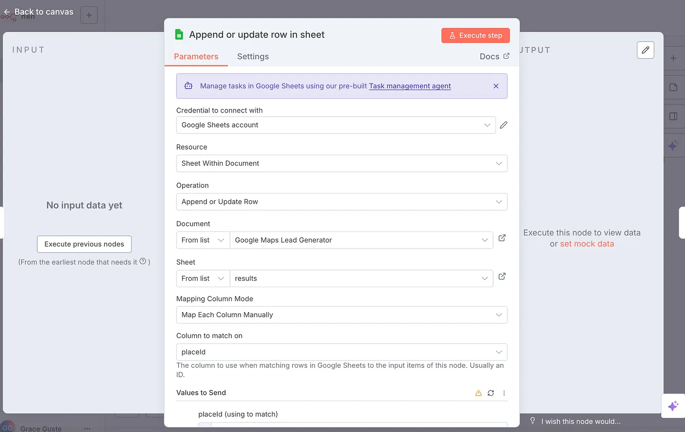 Use this Google Sheets node to insert new rows of data scraped from Google Maps API