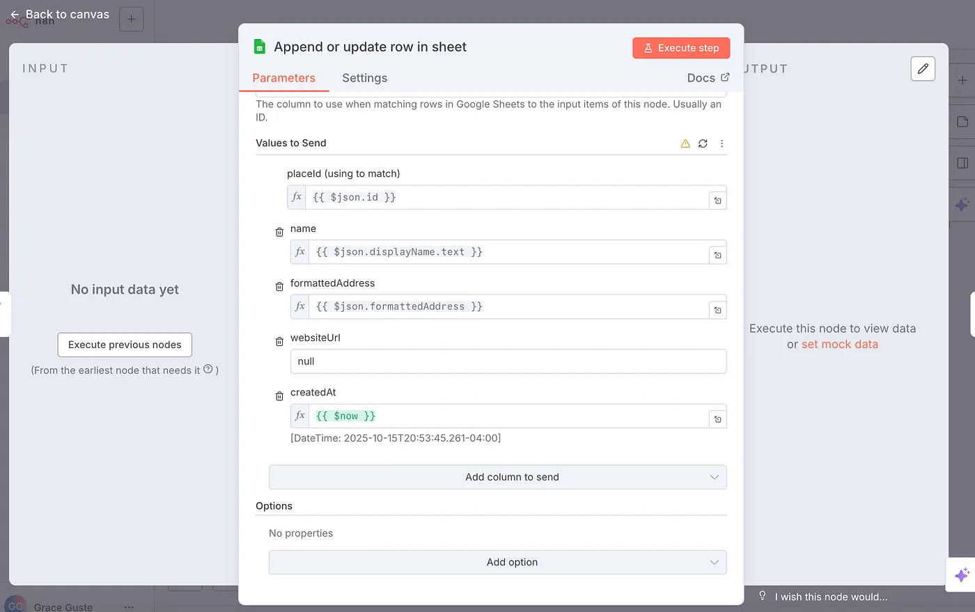 This Google Sheets node shows how to insert JSON as dynamic values into the Sheet